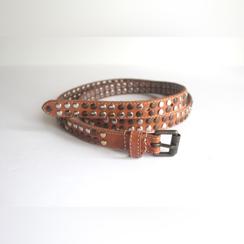 Studded Tan Leather Belt, Size Medium to Large M L Brass Buckle, Jeans Belt
